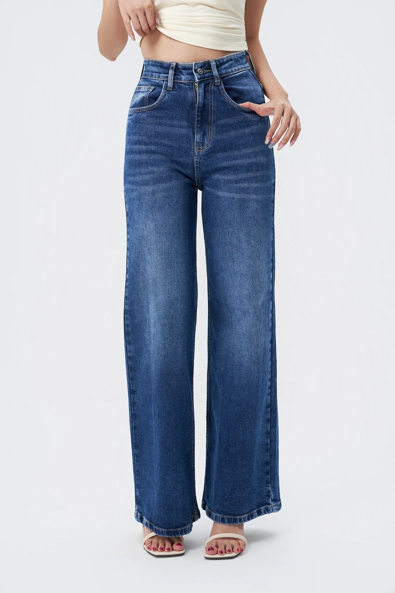 Mid Blue Overcast Wash High Waist Wide Leg Jeans