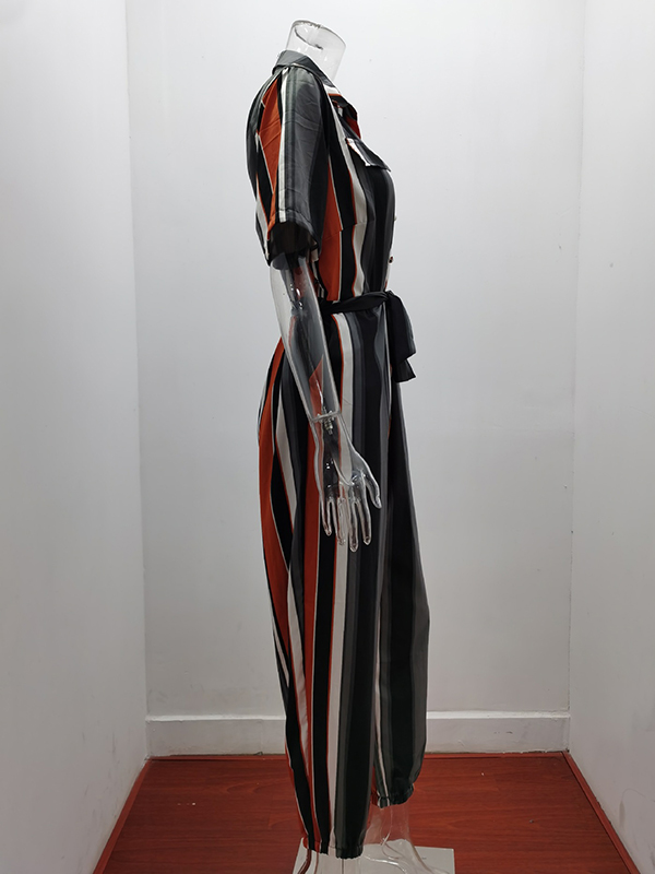 Split-Joint Striped Tied Waist Loose Plus Size Lapel Jumpsuits