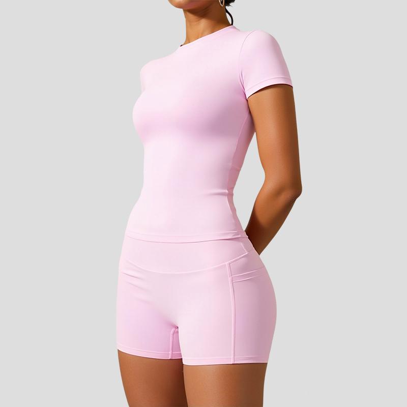 Women's two-piece set sports suit, round neck T-shirt and high waist shorts with pockets