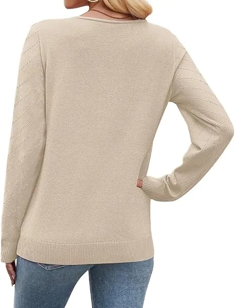 V-Neck Knit Sweater for Women - Apricot Basic Fitted Minimalist Crochet Details Breathable Lightweight Pullover Top