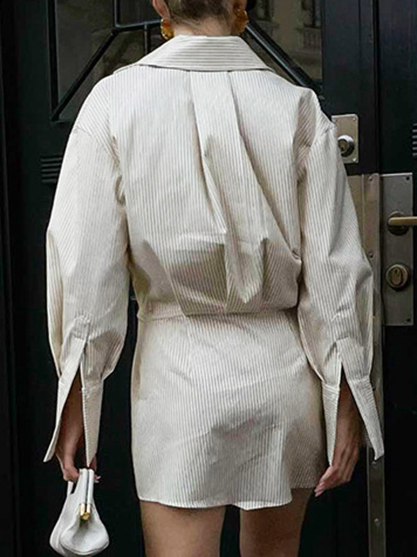 Buttoned Striped Flared Sleeves Long Sleeves Lapel Shirt Dress Mini Dresses