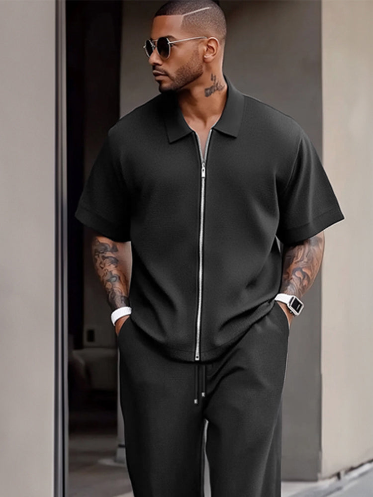 Simple Refined Zipper Design Shirt Set