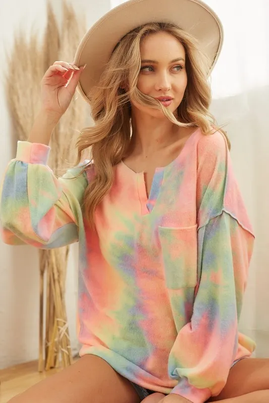 Brushed Tie Dye French Terry Top with Bubble Sleeves