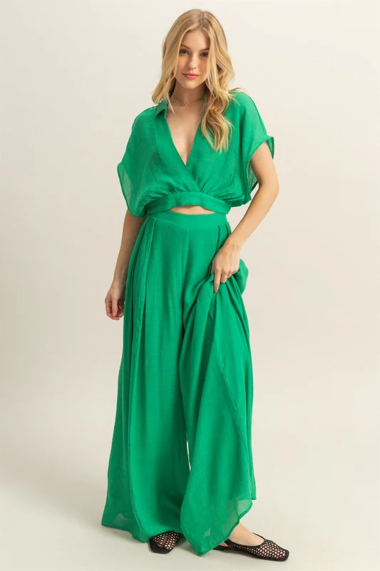 Kimono Sleeve Crop Top and Wide Leg Pants Set