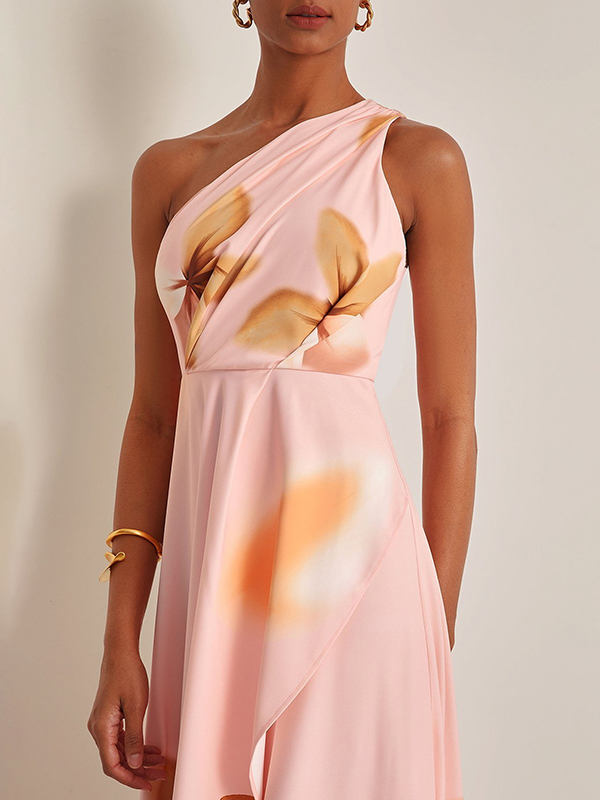 Flower Printed Off-The-Shoulder Asymmetric Split-Side Elegant Evening Maxi Dresses