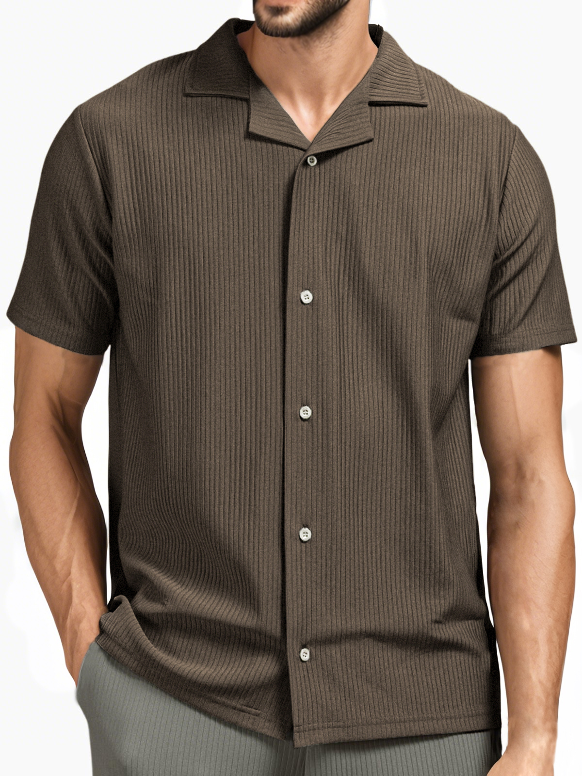 Men's Pit Stripe Pleated Cuban Collar Holiday Casual Button Short Sleeve Shirt