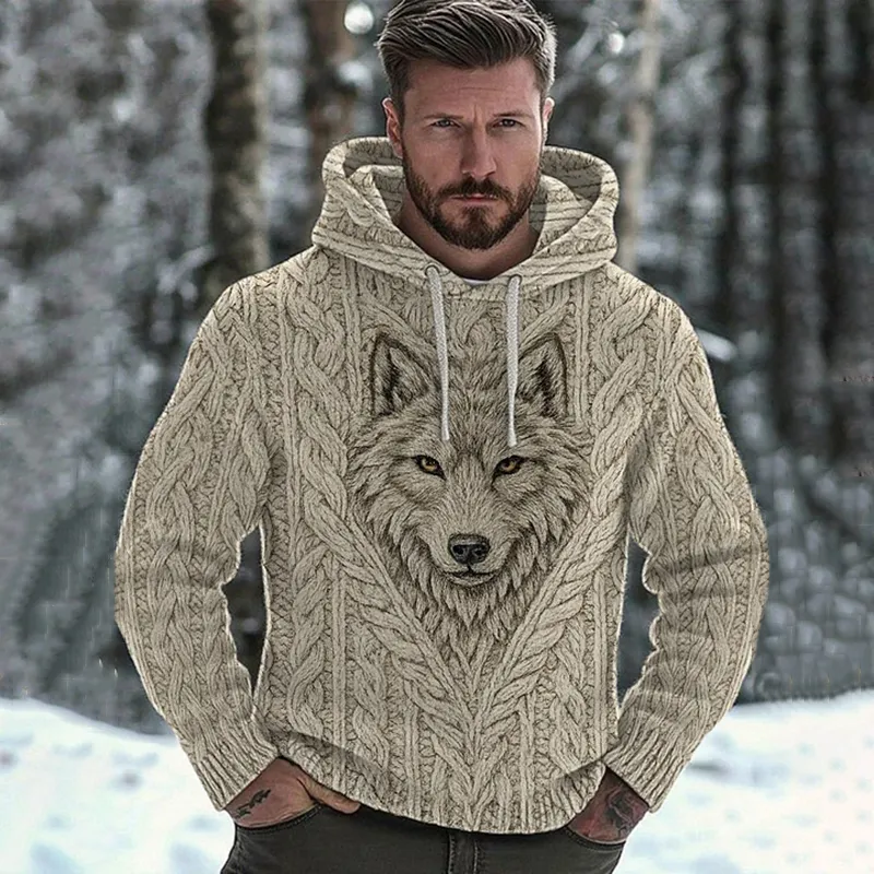 Men's Vintage Wolf Head Celtic Knot Print Hooded Sweater