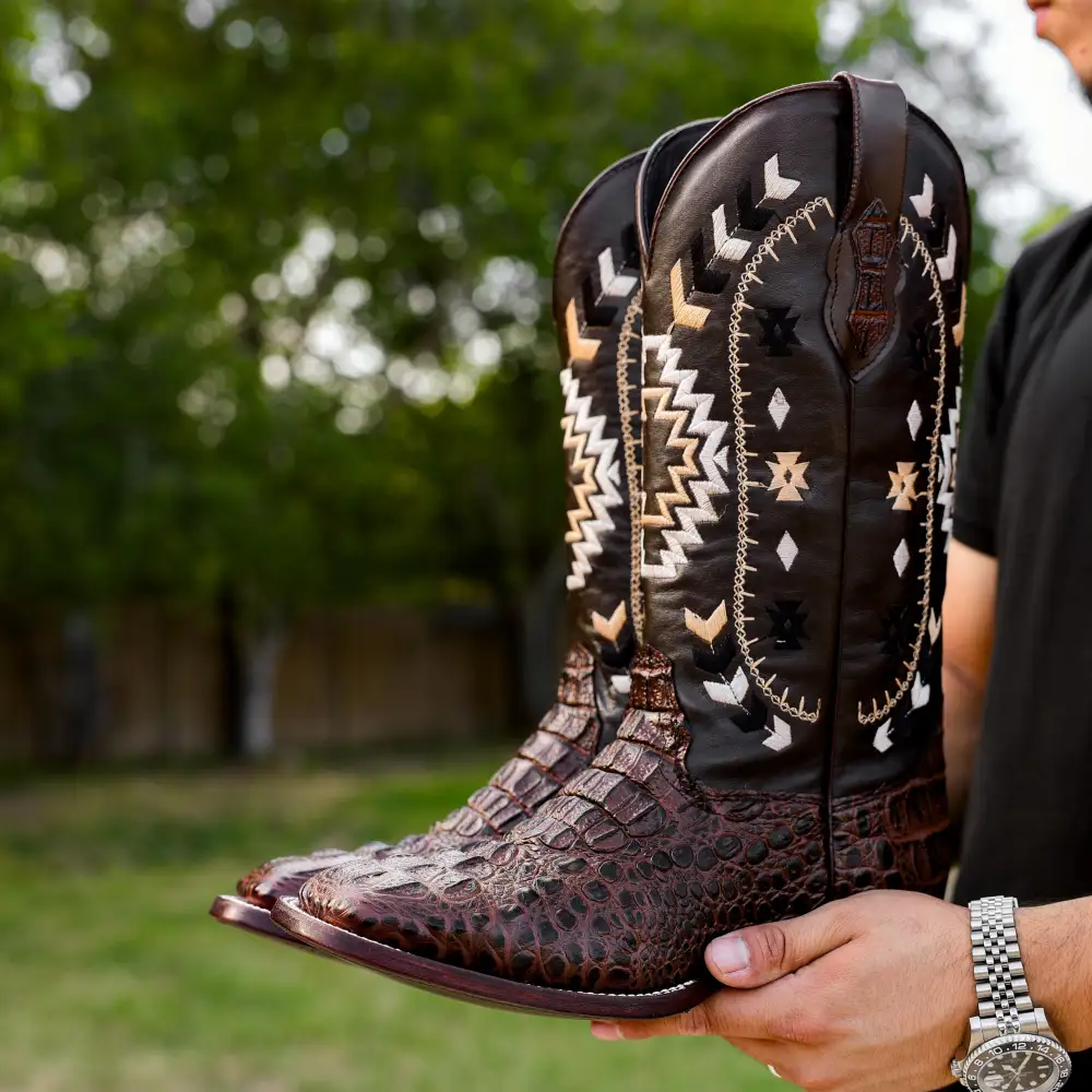 Brown Caiman Neck Leather Boots - Square Toe