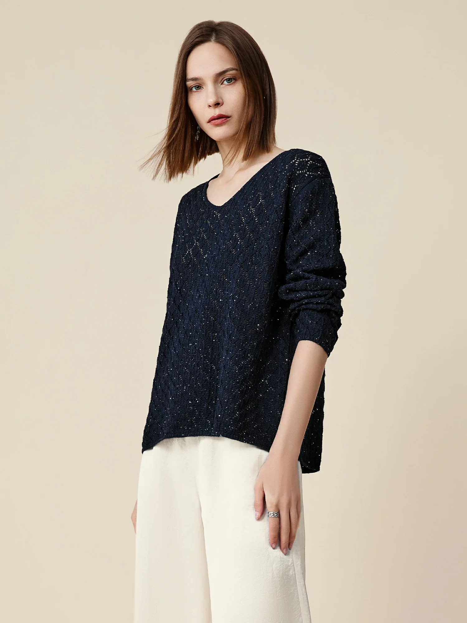 Lyocell & Linen Openwork Sequin Knitted Top