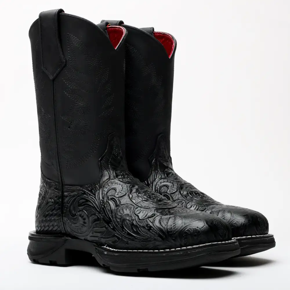 Black Hand-Tooled Leather Boots With 3D Lightweight Sole - Composite Toe