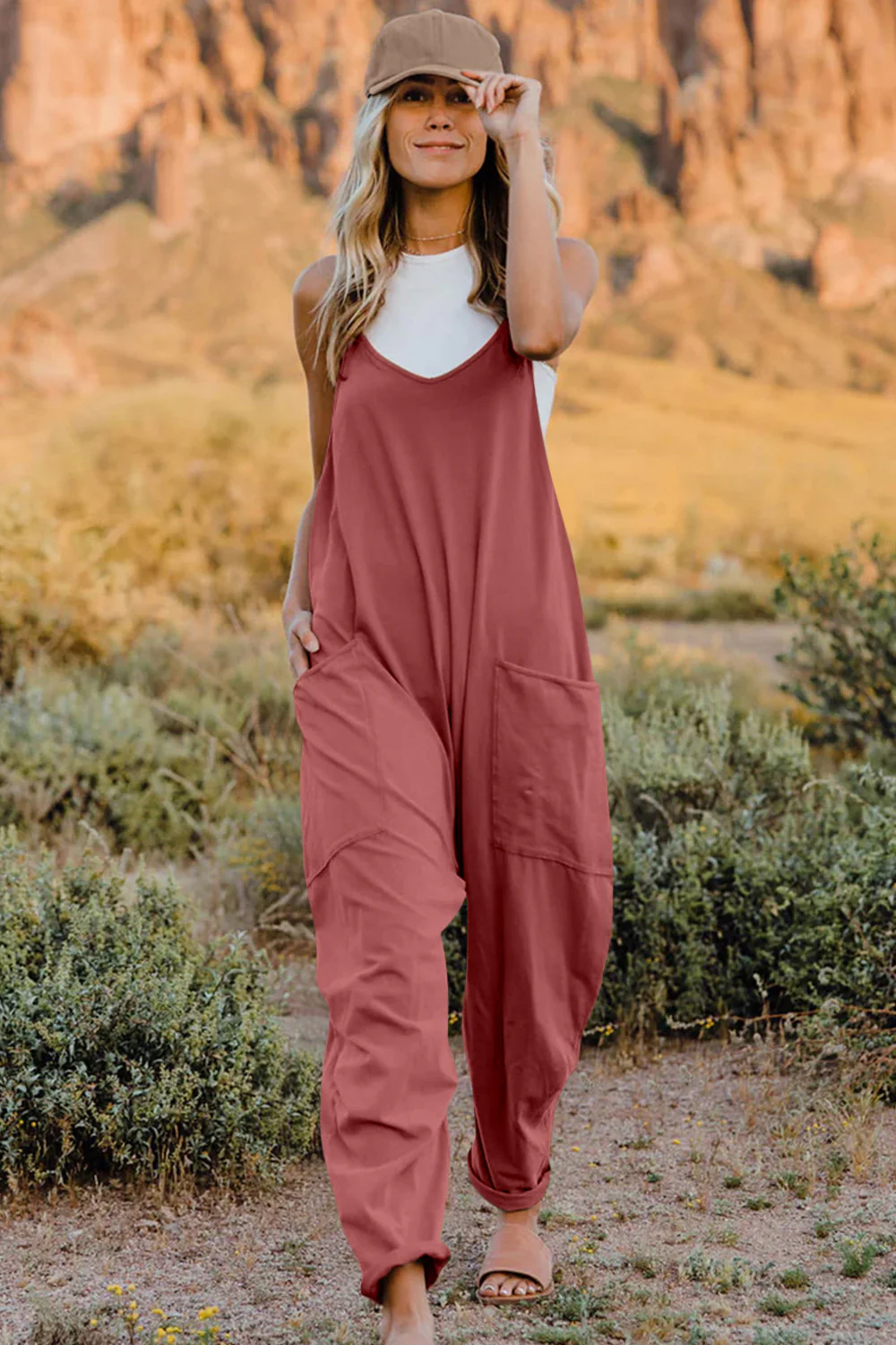 V-Neck Sleeveless Jumpsuit with Pocket