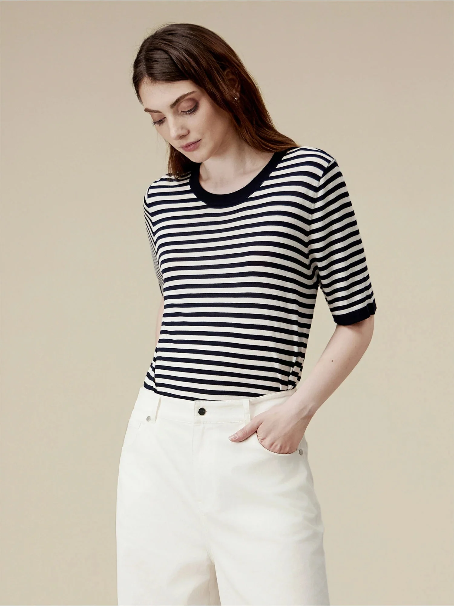 100% Lyocell Pinstripe Casual T-Shirt