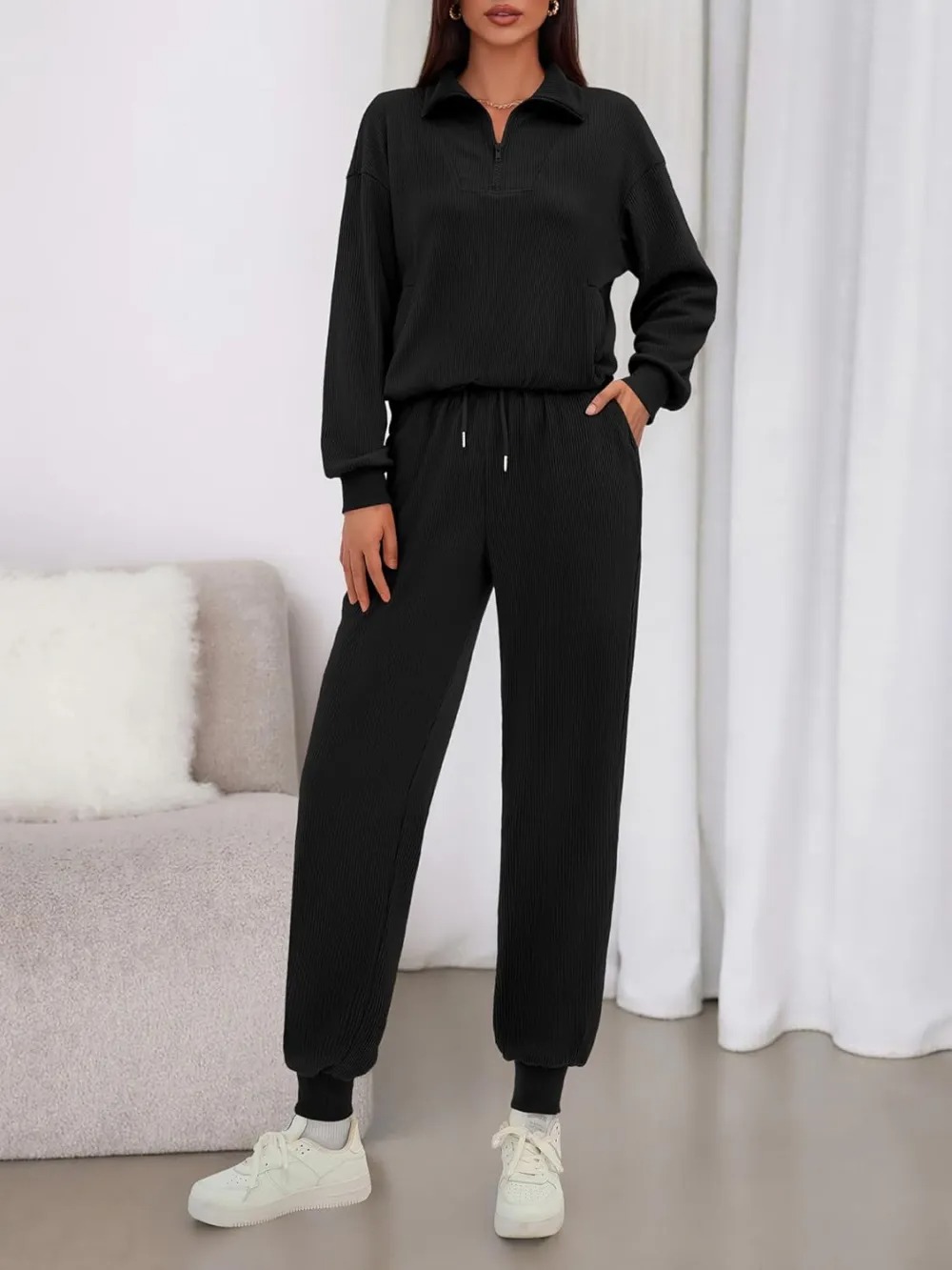 Women's Long Sleeve Half Zip Sweatshirt Sweatpants Lounge Set Sweatsuits with Pockets