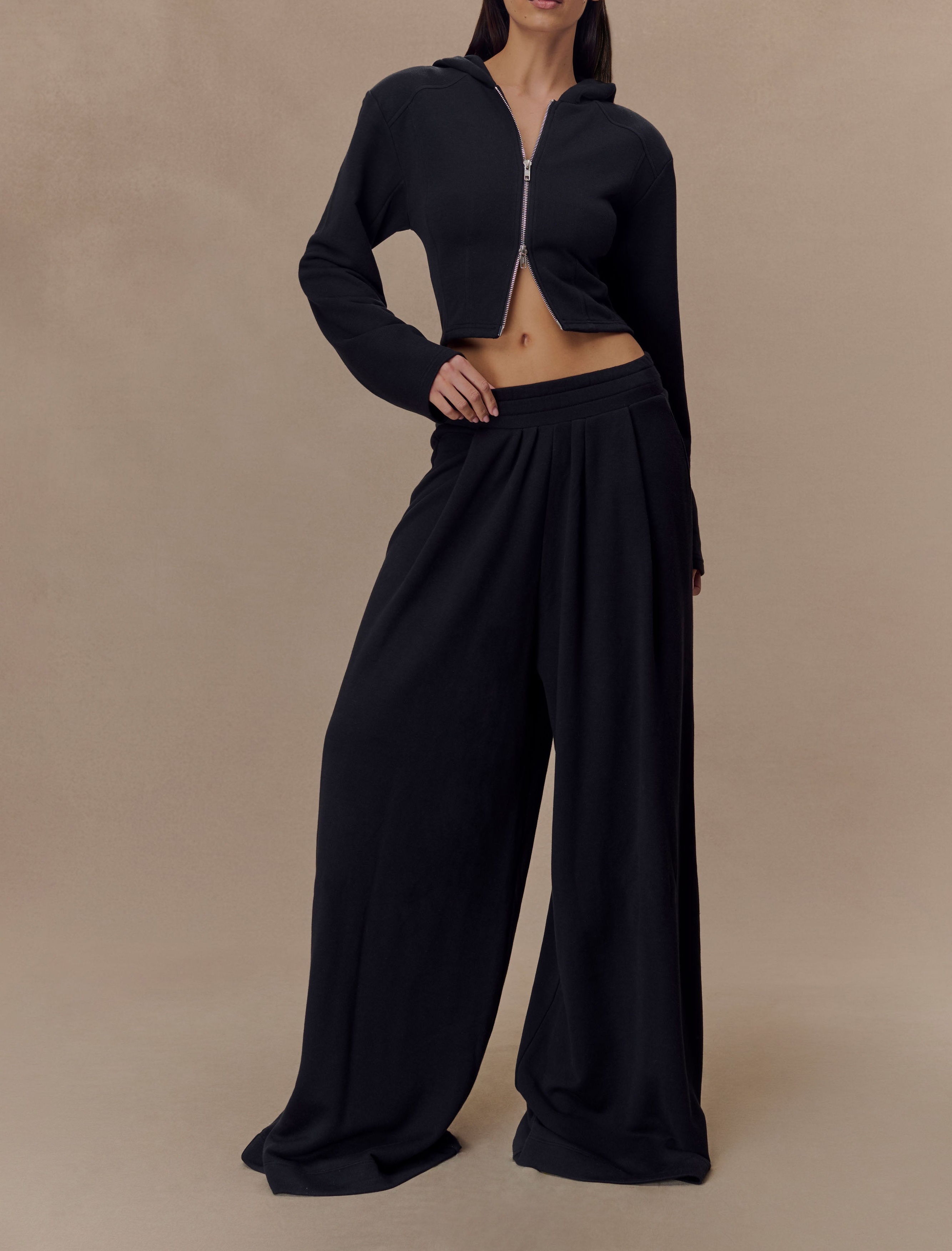 Black Gathered Wide Leg Jogger