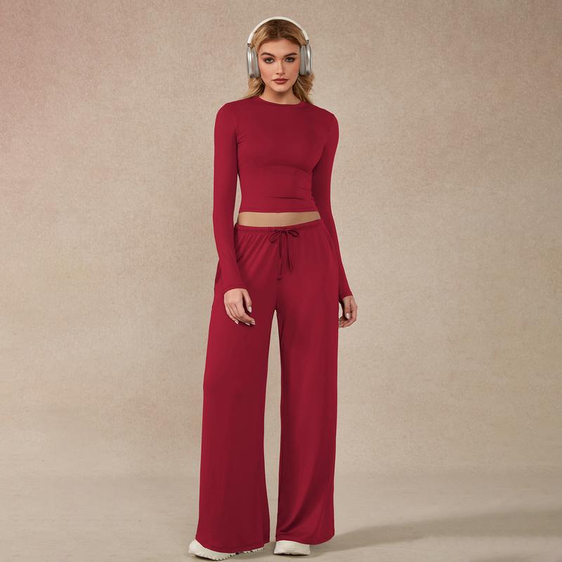Women’s Long-Sleeve Crop Top & Wide-Leg Pants Activewear Set