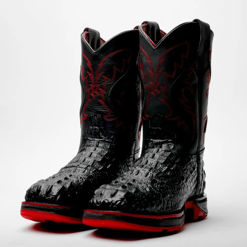Black Caiman Neck Leather Boots With 3D Lightweight Sole - Composite Toe