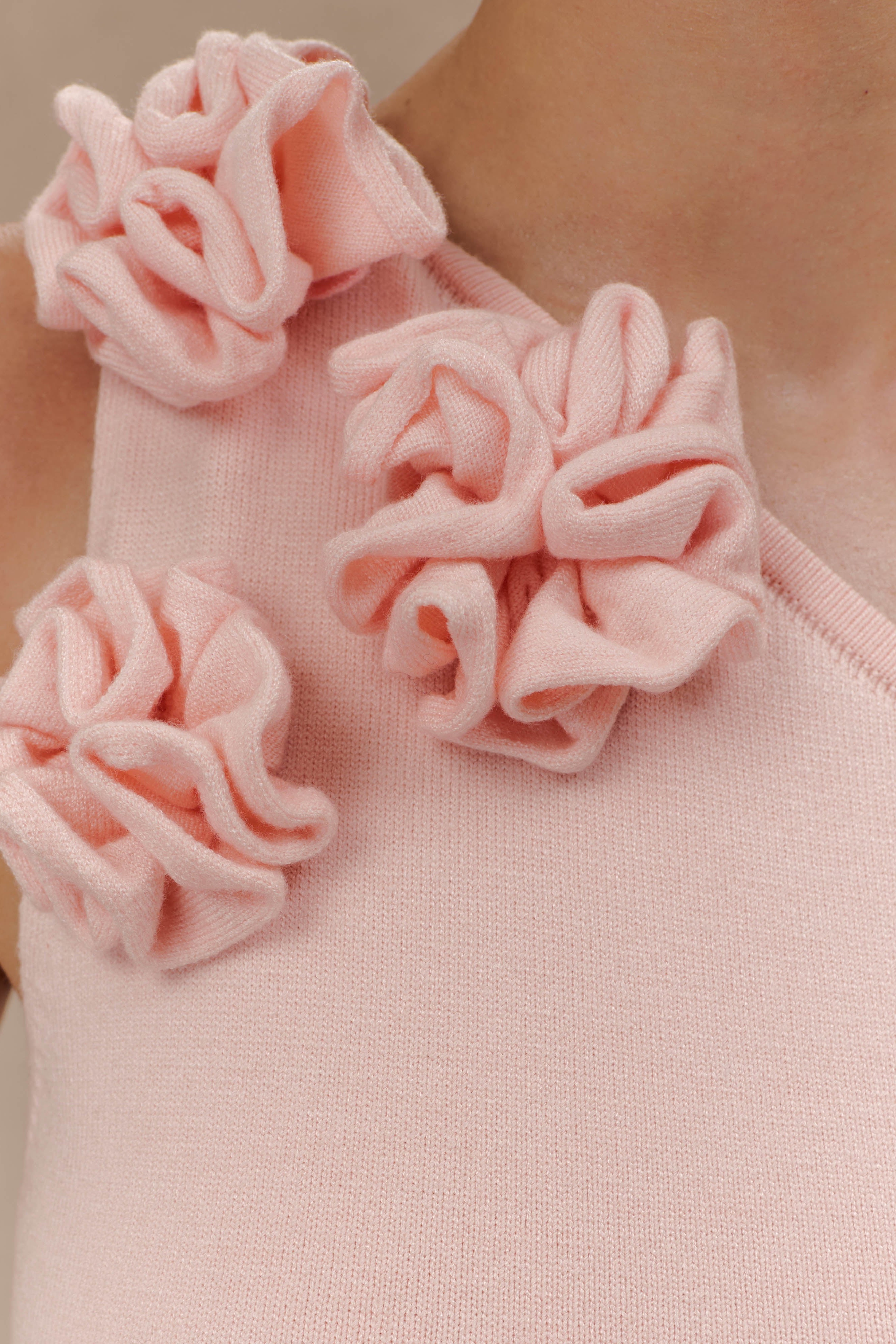 Pink One Shoulder Knit Maxi Dress With Flowers