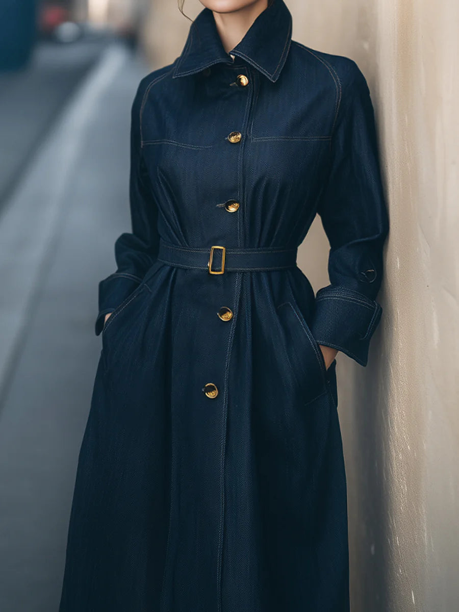 Navy Belted Trench Coat With Gold-Tone Buttons