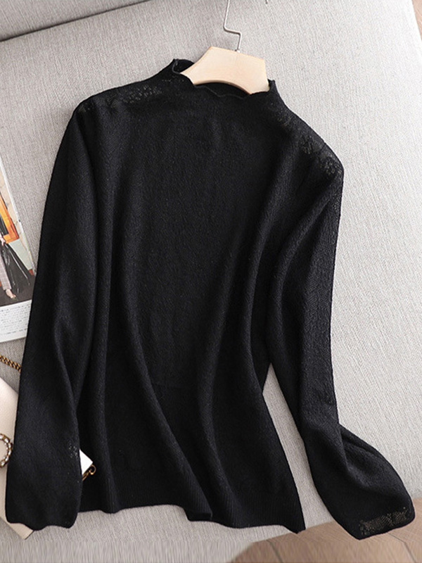 Hollow Jacquard Solid Color Long Sleeves T-Shirts Tops Knitwear