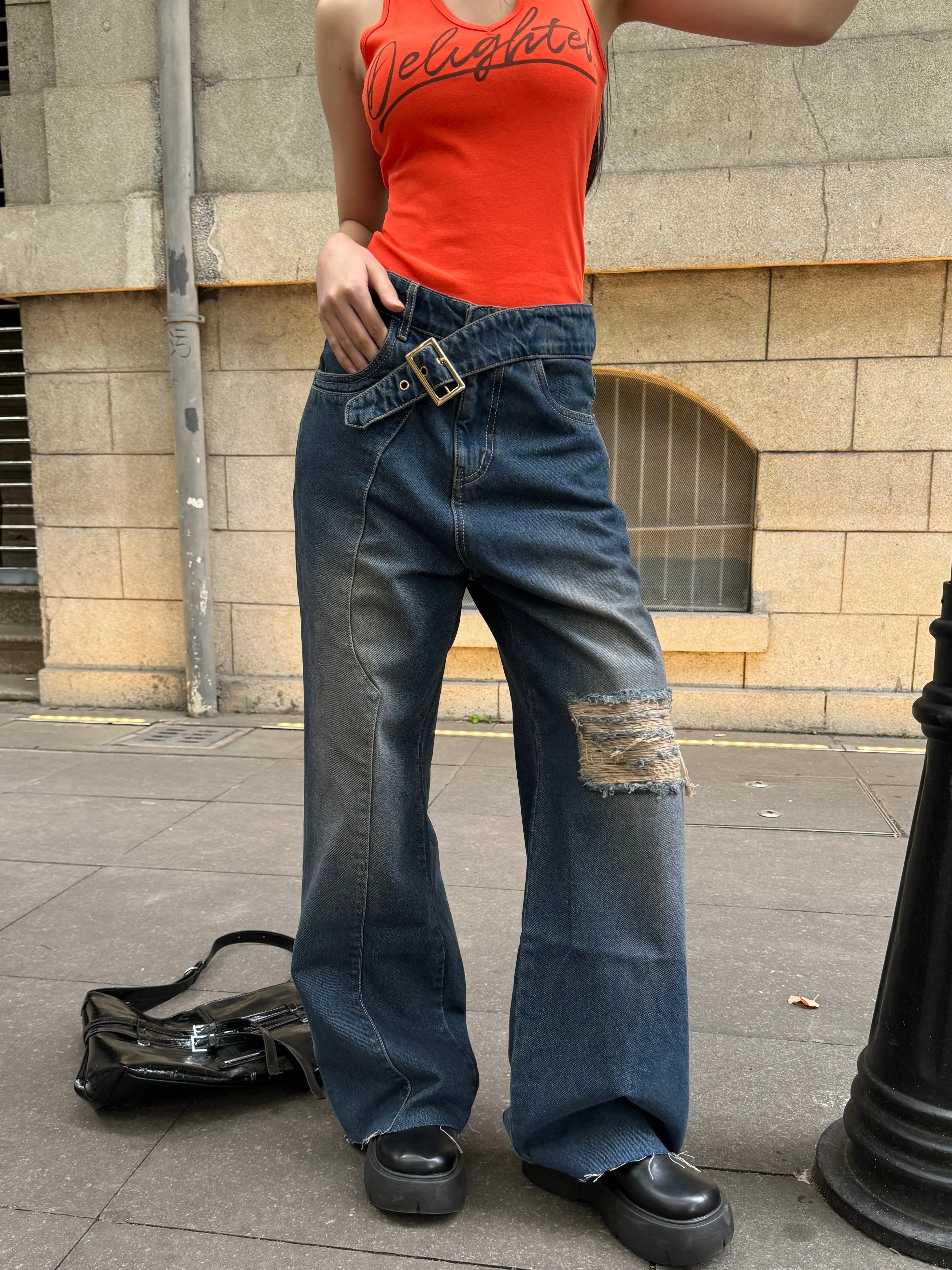 Off Beat Distressed Blue Baggy Jeans