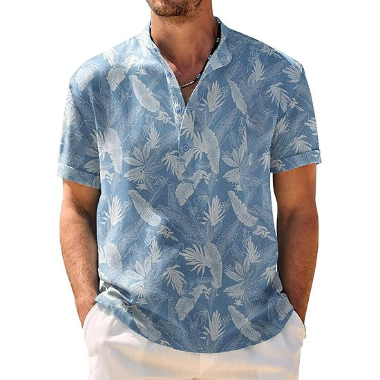 Men's Casual Henley Shirt Band Collar Short Sleeve Shirt Summer Beach Hippie T-Shirt