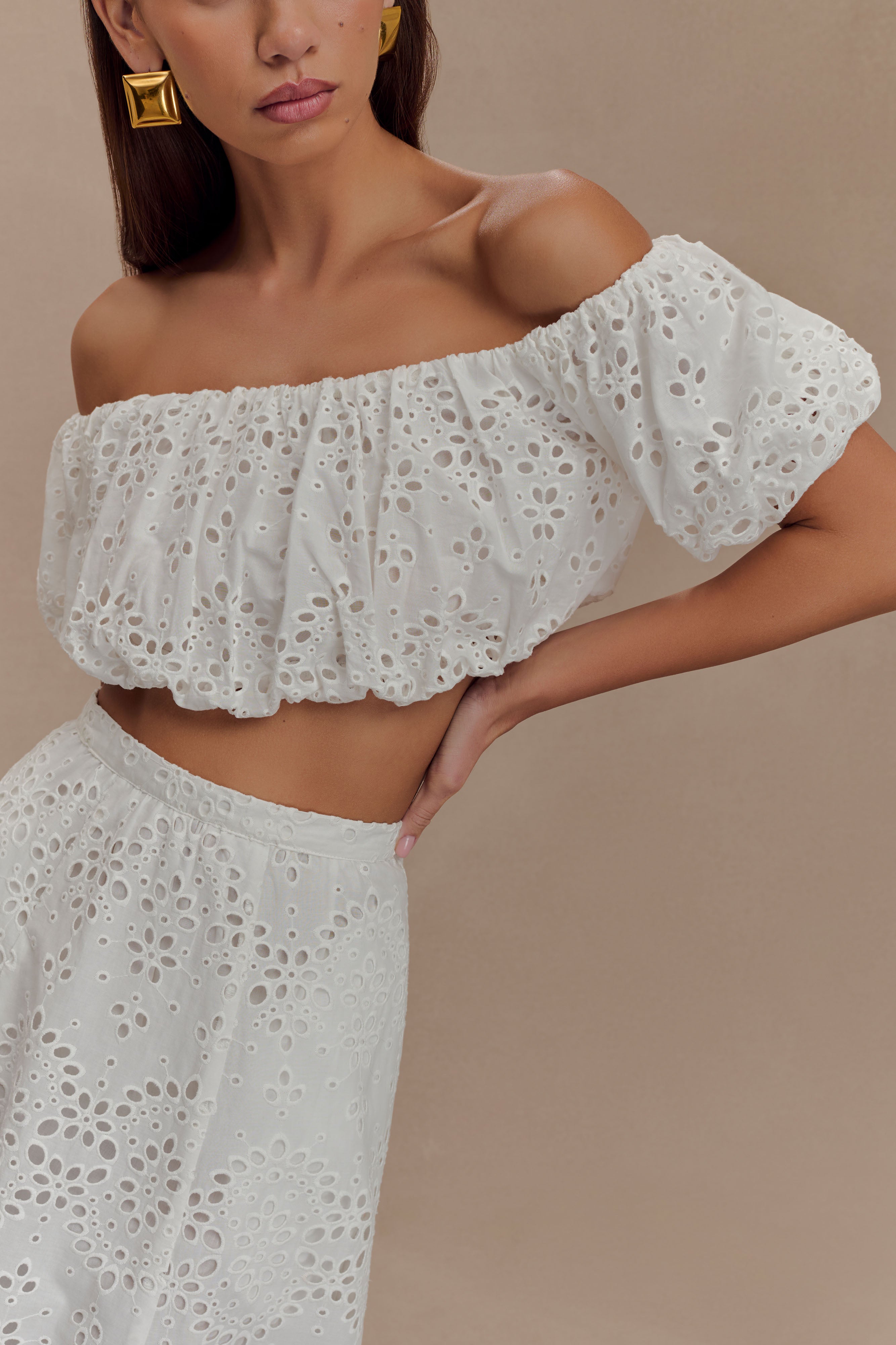 White Off Shoulder Broderie Top
