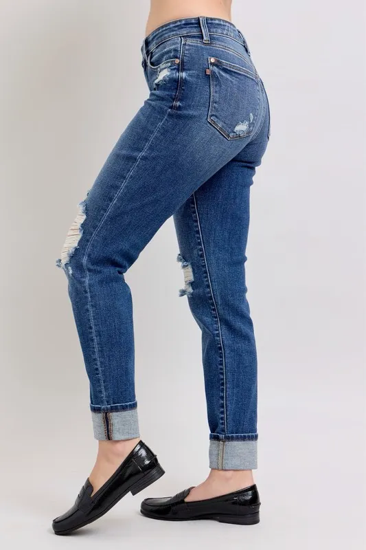 Blue Full Size Midi Rise Boyfriend destroy Jeans with Yoke Pockets and Faux Selvedge Cuff Plus Size