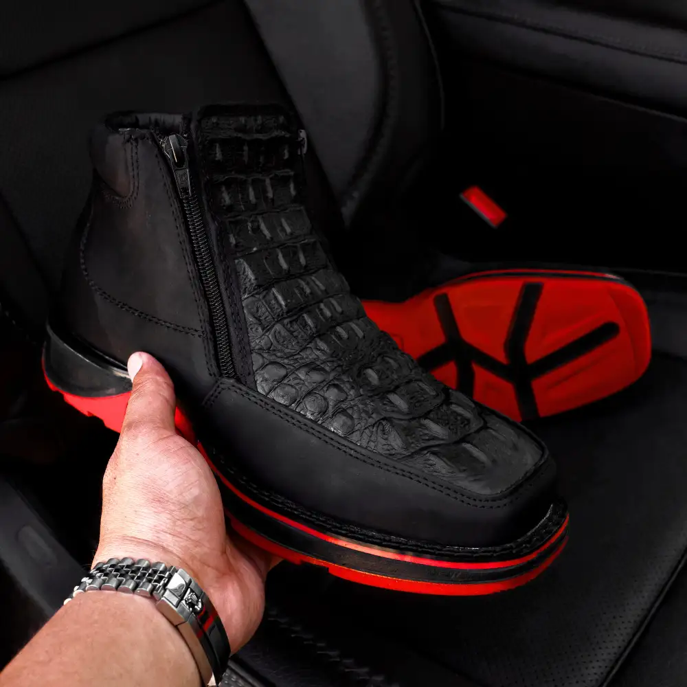 Black Caiman Neck Leather Botin With 3D Lightweight Soles - Square Toe