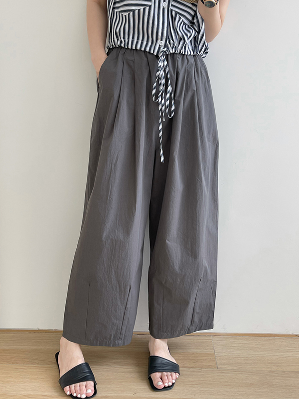 Elasticity Pleated Solid Color Split-Joint High Waisted Loose Trousers Pants