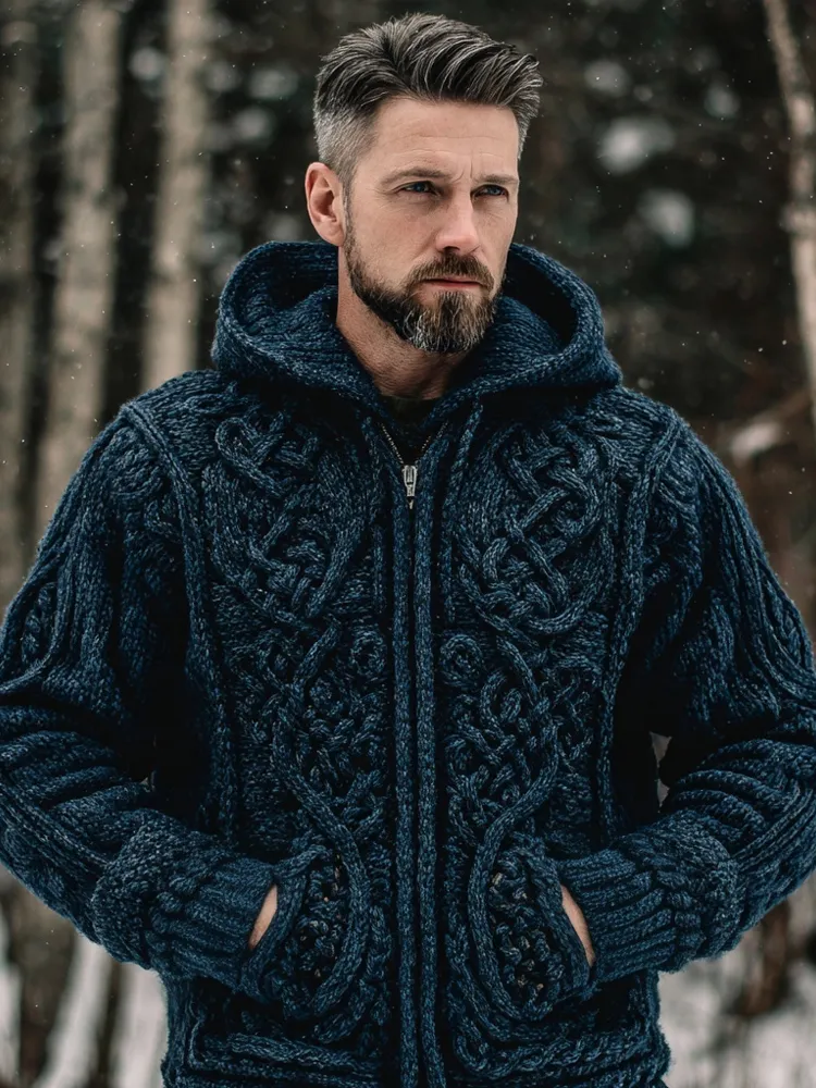 Men's Vintage Celtic Knot Viking Cozy Hooded Cardigan