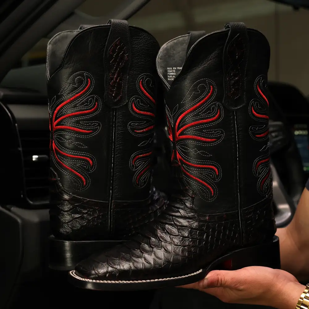 Black Cherry Anaconda Leather Boots - Square Toe