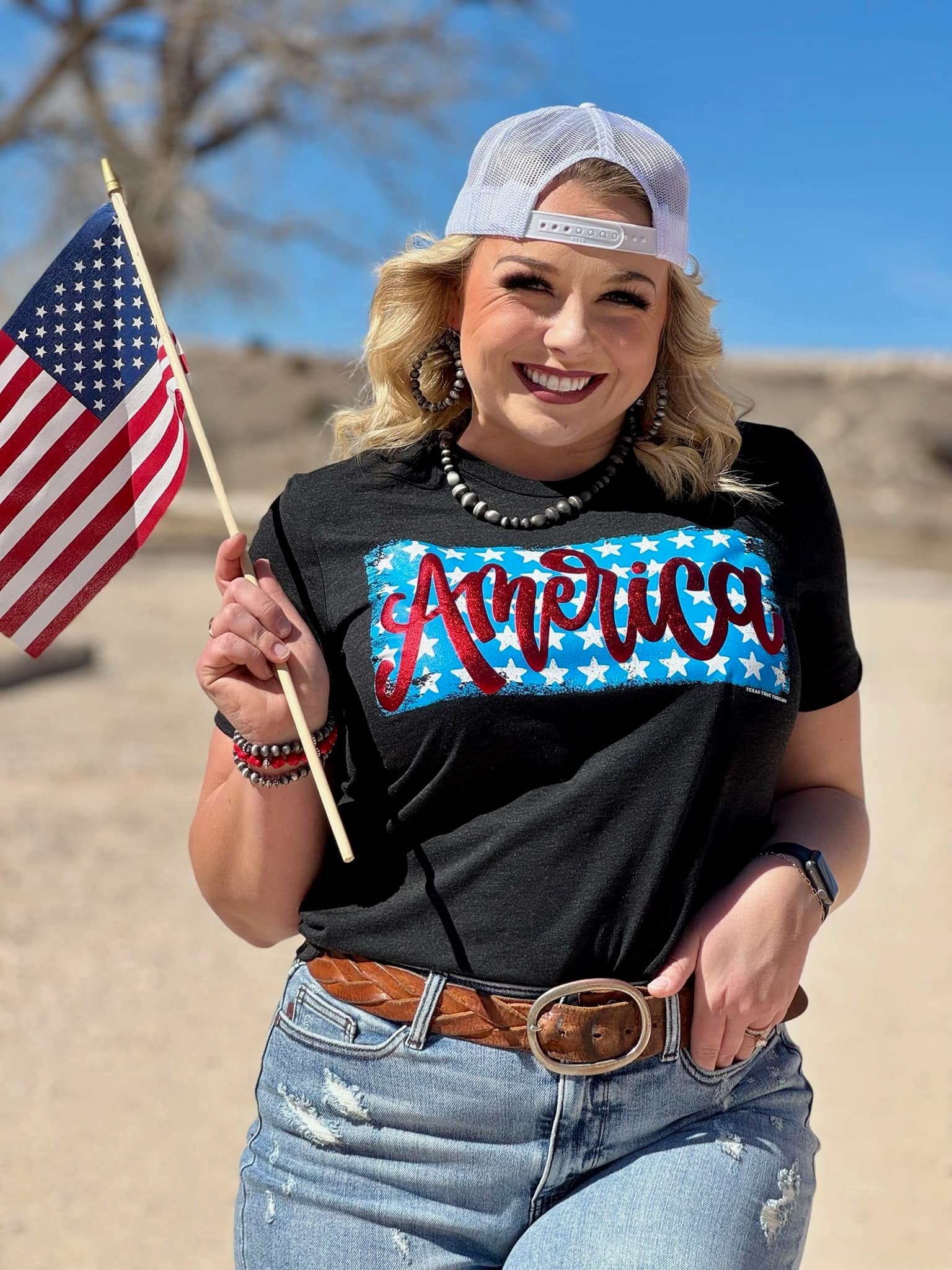 America on Stars in Red Metallic Puff Tee