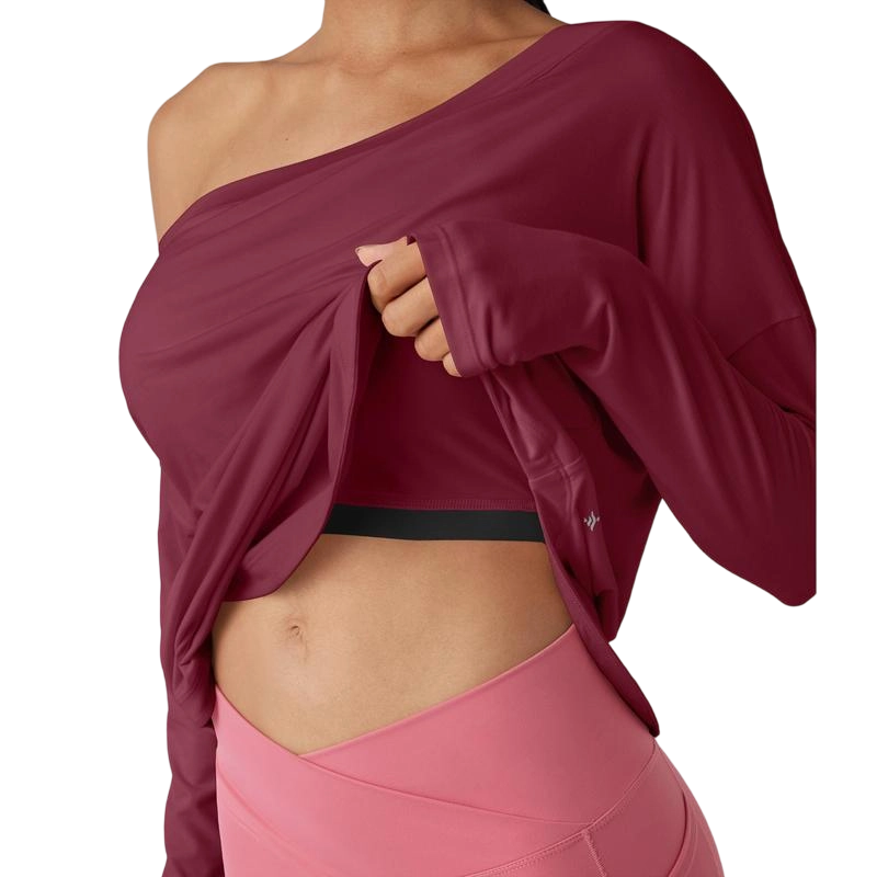 Women’s One-Shoulder Long Sleeve Yoga Top with Built-In Bra