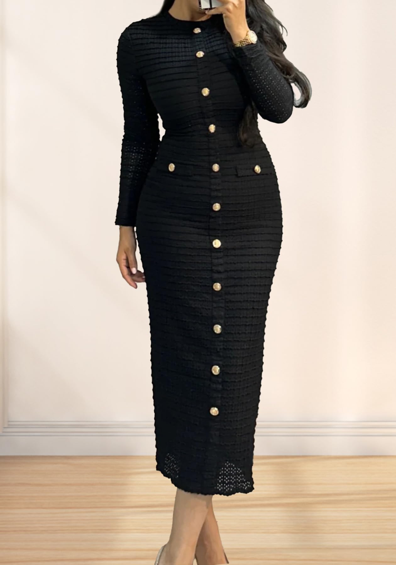 Unybwonn Women Bodycon Pleated Knit Maxi Dress Long Sleeve Crew Neck Ribbed Elegant Sweater Dress Single Breasted Dresses