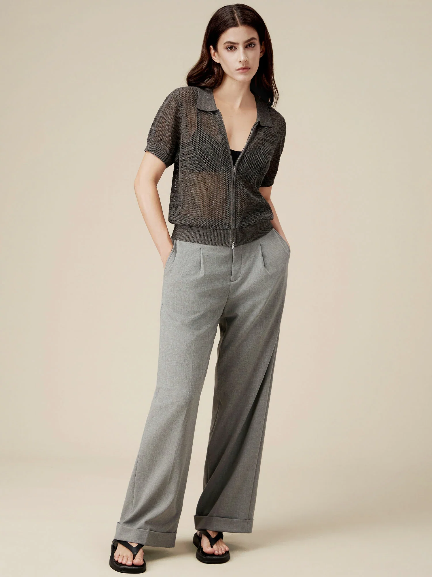 Linen & Lyocell V-Neck Short Sleeve Zipper Hollow Out Cardigan