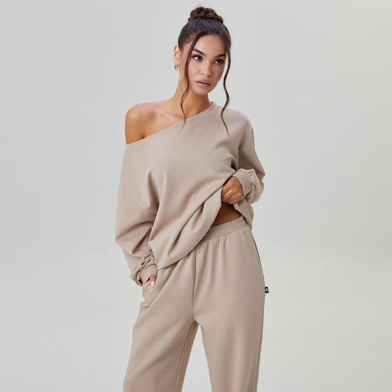 Women's Leisure Solid Color Sloping Shoulder Long Sleeve Top & Wide Leg Trousers Co-ord, Cozy Scoop Neck Loose Two Piece Outfits, Basic Womenswear