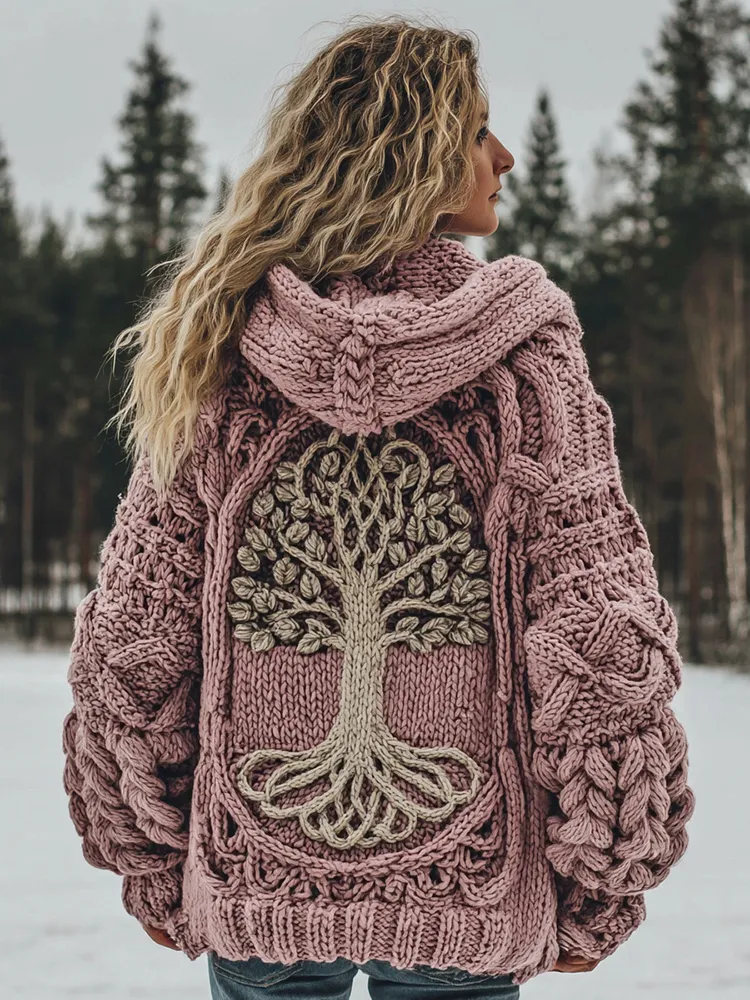 Women's Vintage Viking Tree Of Life Cozy Knit Hooded Sweater