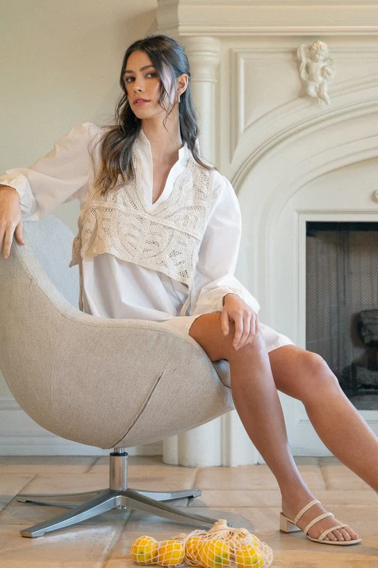 Wear Crochet Vest Notched Long Sleeve Shirt Dress