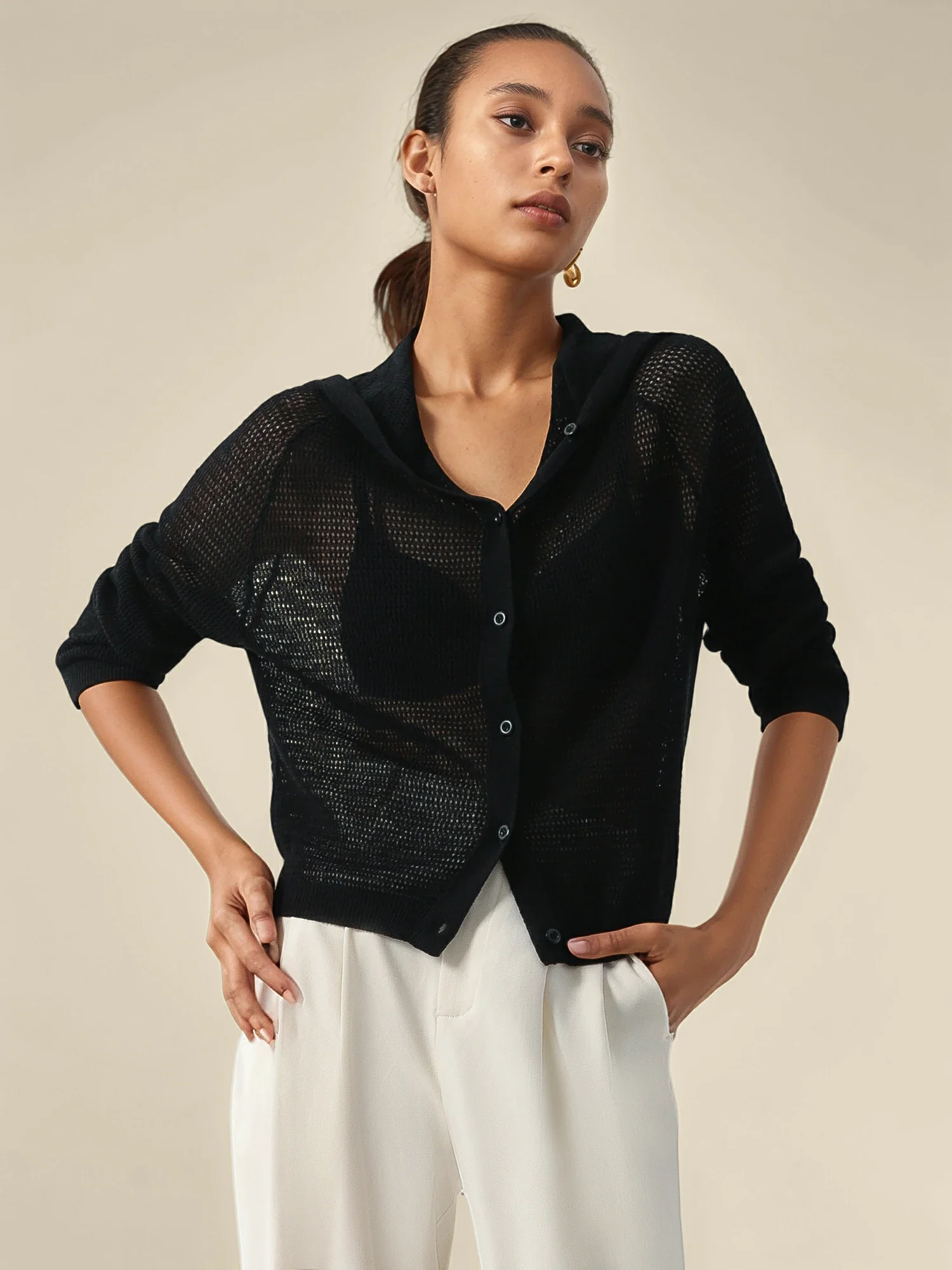 Linen & Lyocell Hooded Long Sleeve Hollow Cardigan