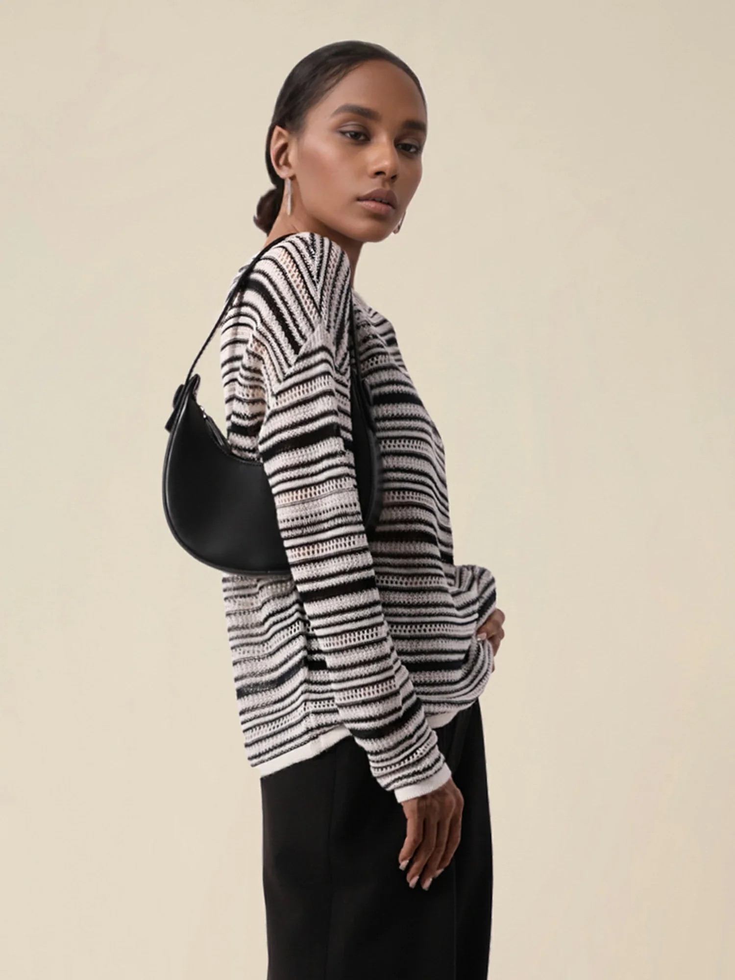 Lyocell & Silk Boat Neck Long Sleeve Striped Top