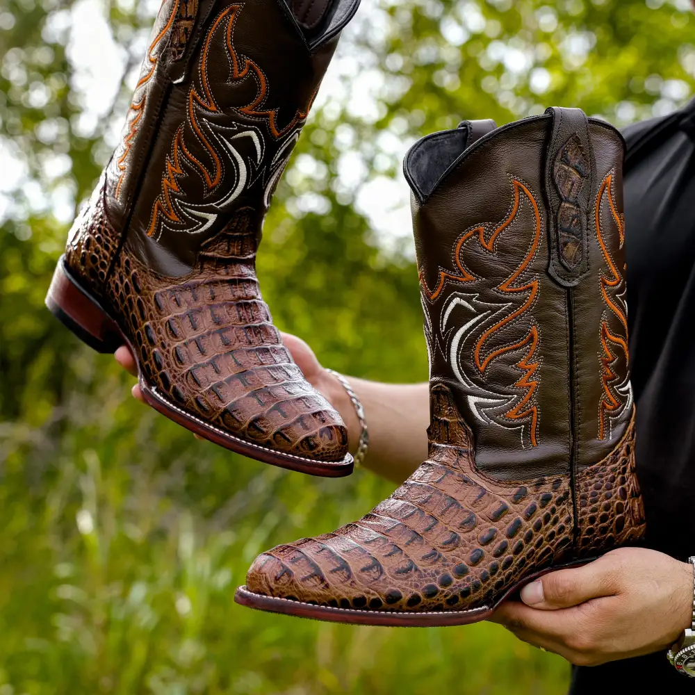 Honey Caiman Hornback Leather Boots - Round Toe