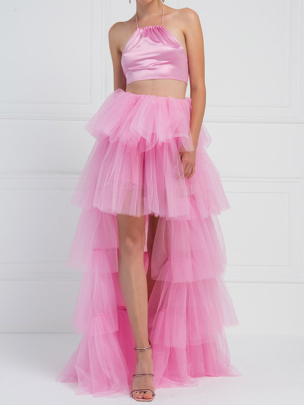 Solid Color Ruffled Pleated A-Line Asymmetric Skirt Bottoms