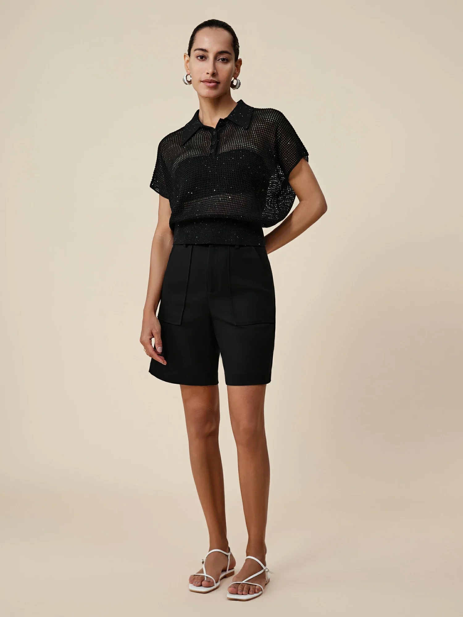 Lyocell & Linen Polo Neck Sequin Openwork Shirt