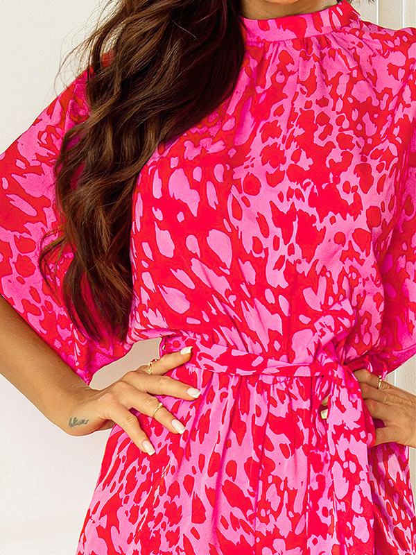 Hollow Leopard Tied Waist Batwing Sleeves Half Sleeves Mock Neck Jumpsuits