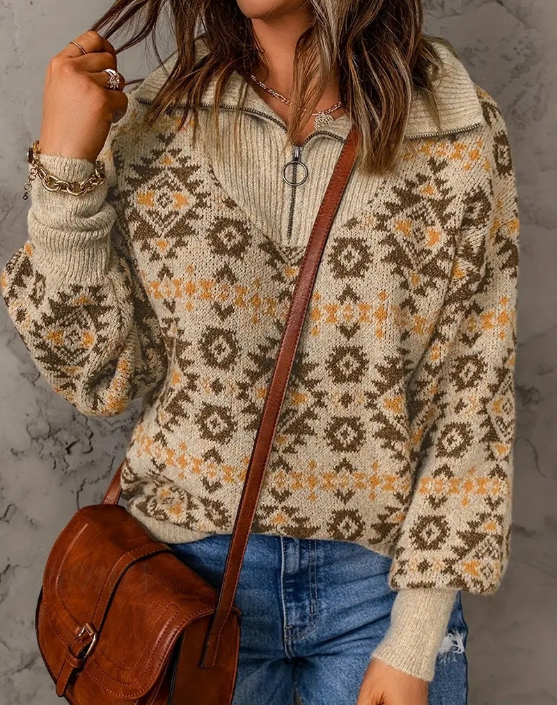 Autumn And Winter Series Turtleneck Pullover Zipper Printed Casual Ethnic Style Knitted Sweater