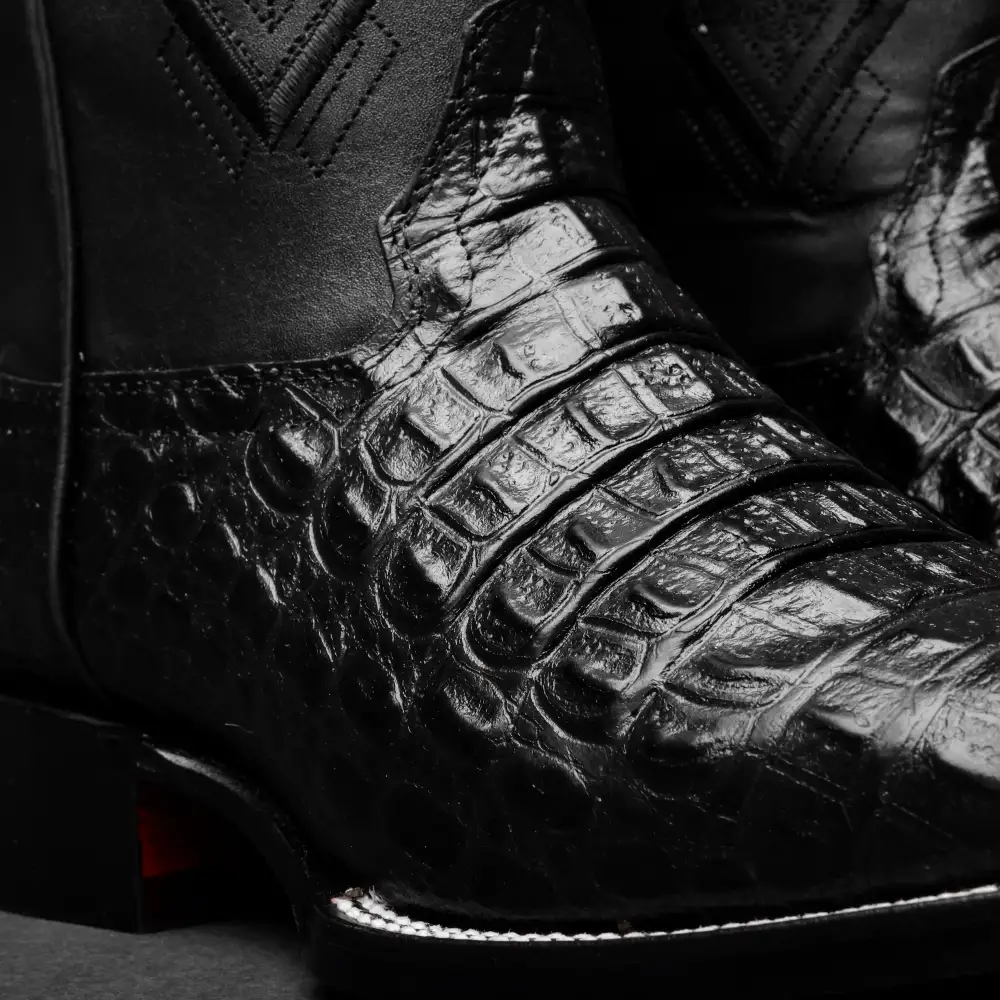 Black Caiman Hornback Leather Boots - Square Toe