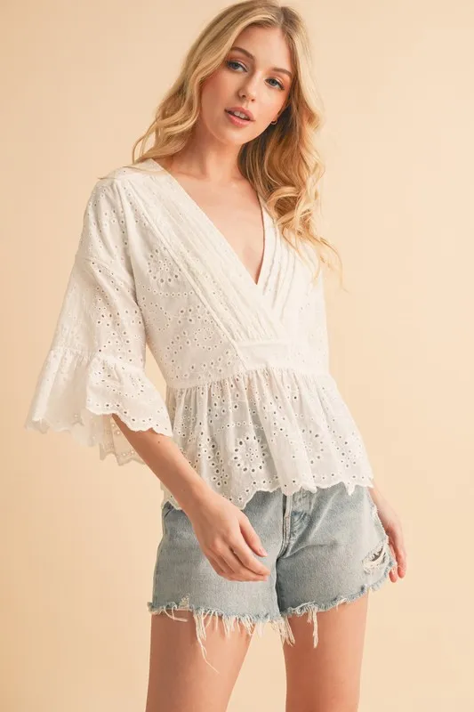 Flounce Sleeve Eyelet Peplum Top