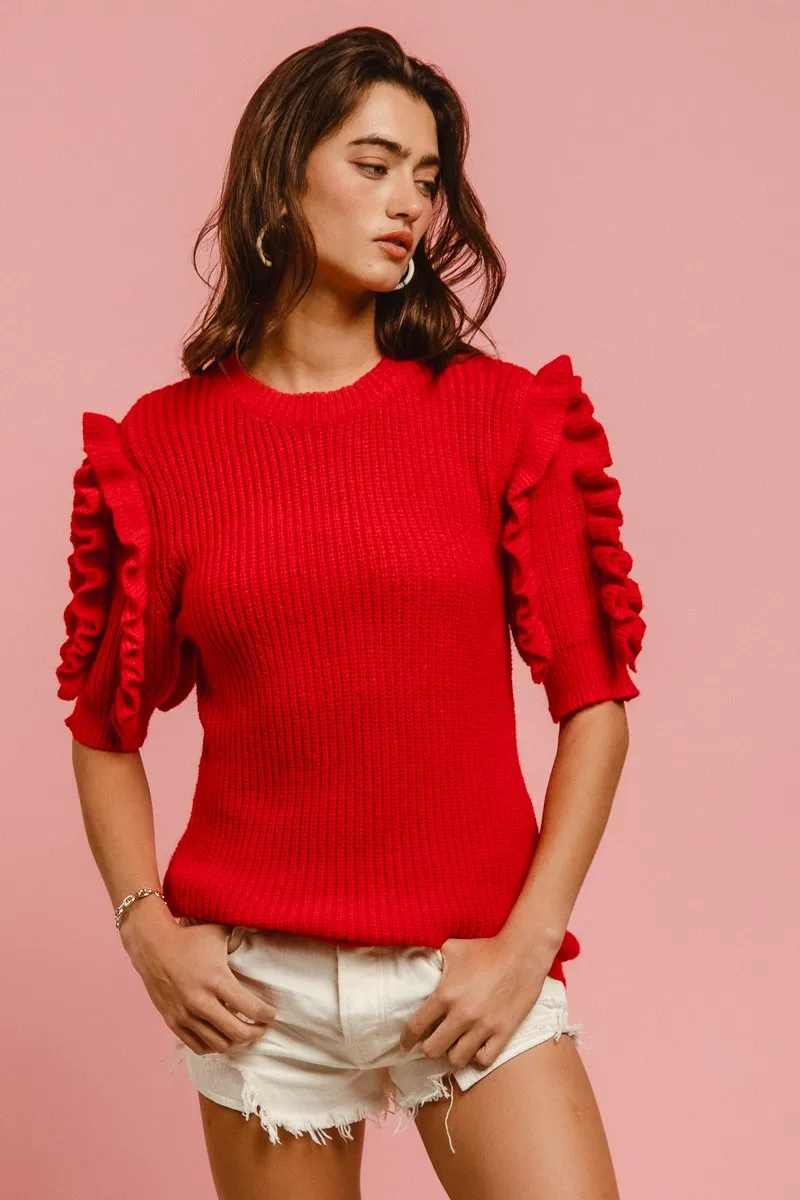 Solid Knit Ruffled Sleeves Top