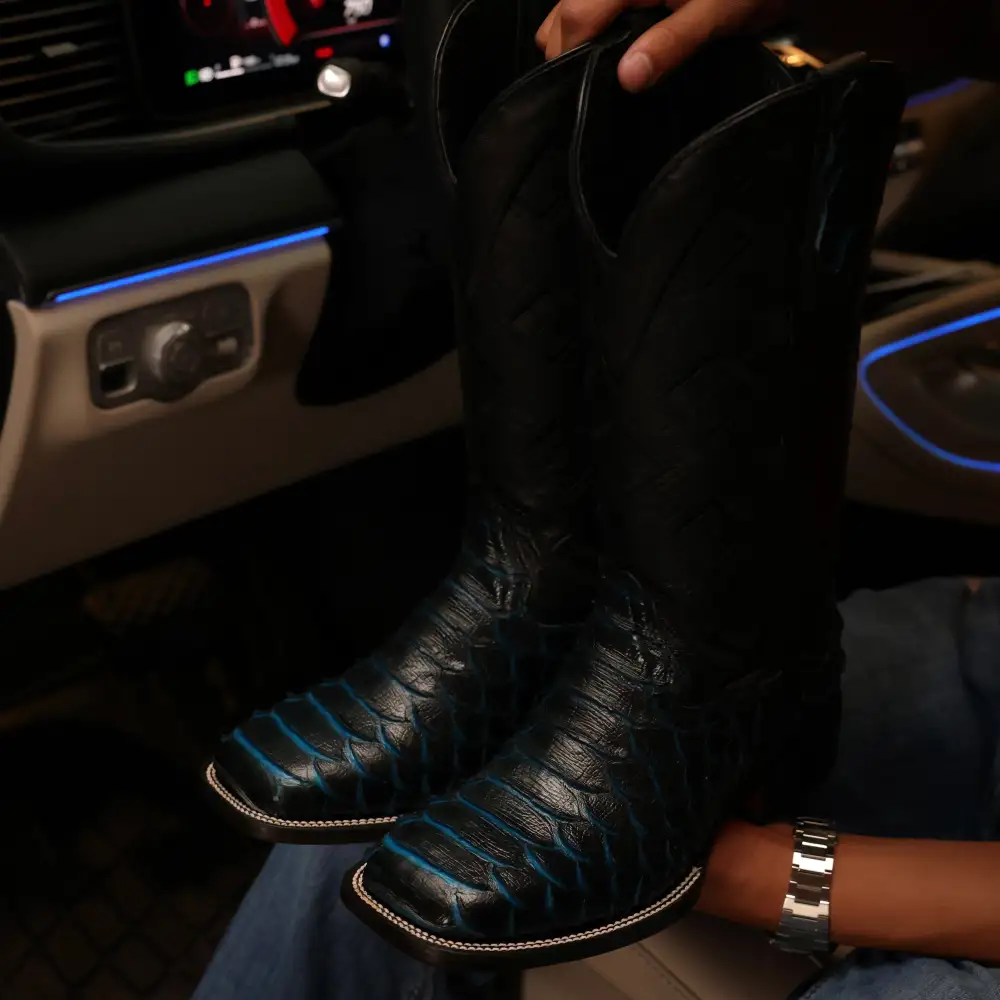 Midnight Blue Jumbo Python Leather Boots - Square Toe