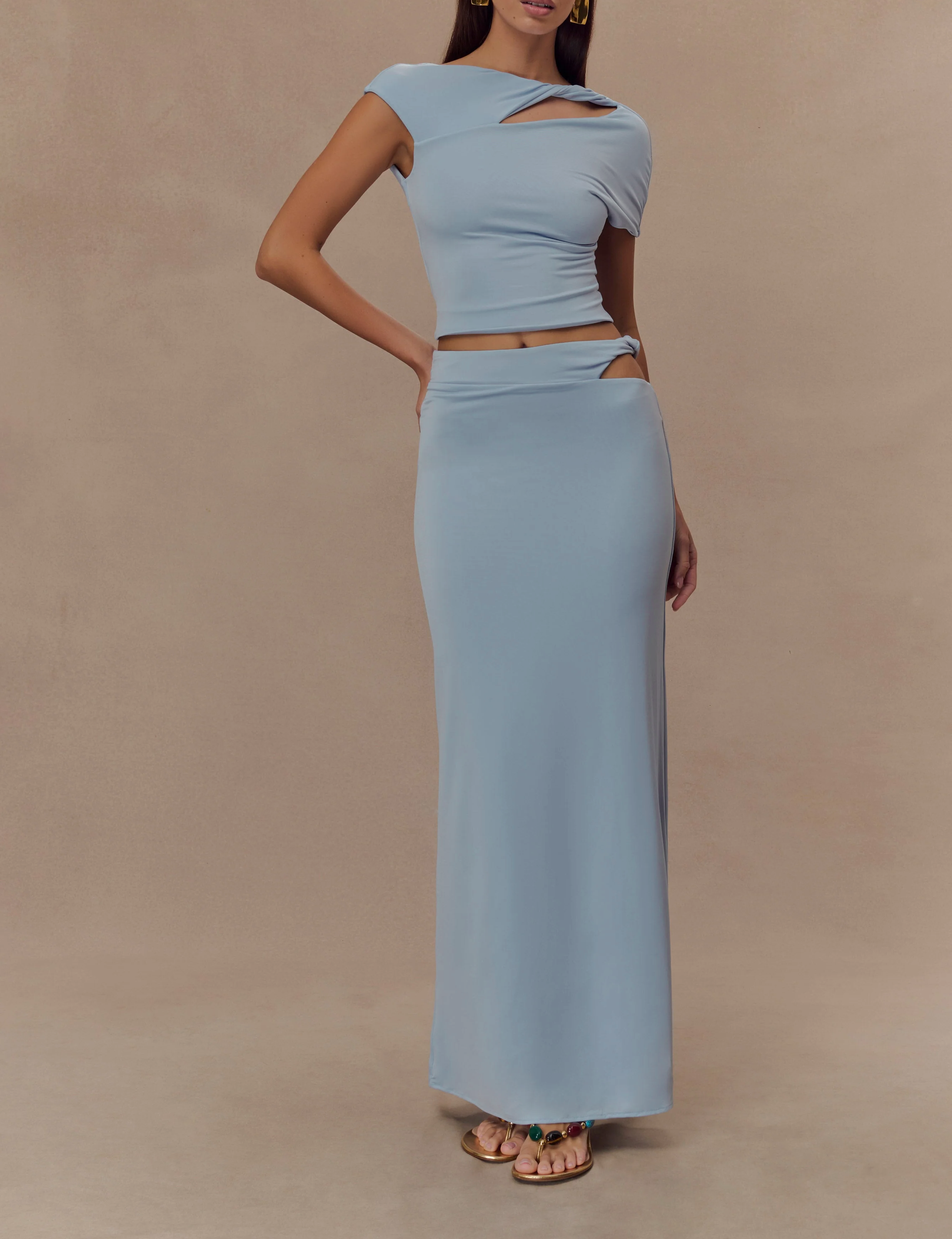 Blue Slinky Twist Midi Skirt